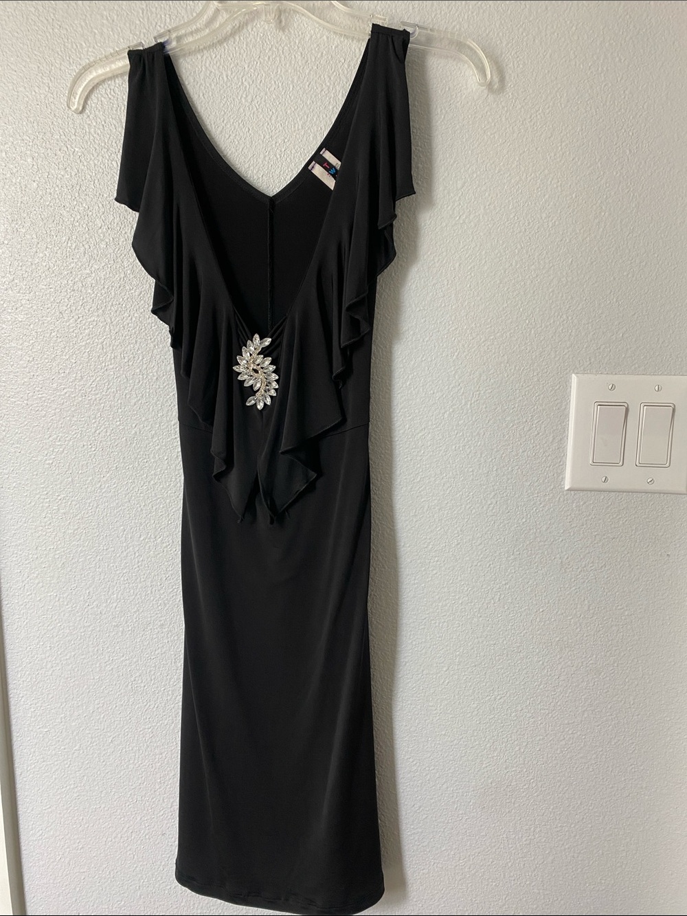 Black Ruffle-Front Midi Dress with Jewel Brooch